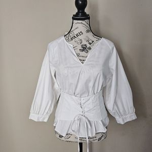 1 State Blouson Sleeve White Top with Corset Waist